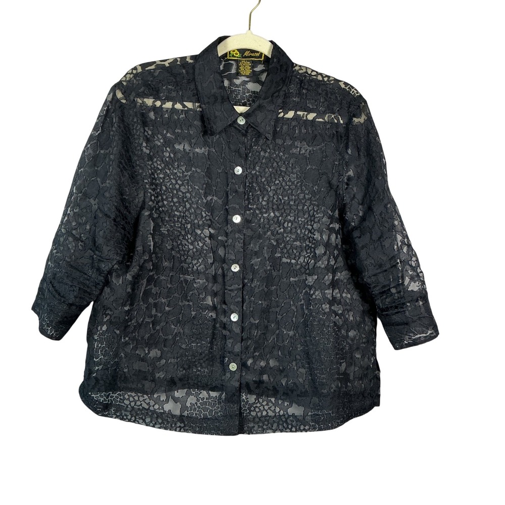 Mirasol Black Sheer Lace Animal Print Burnout Button Down Shirt 3/4 Sleeve L